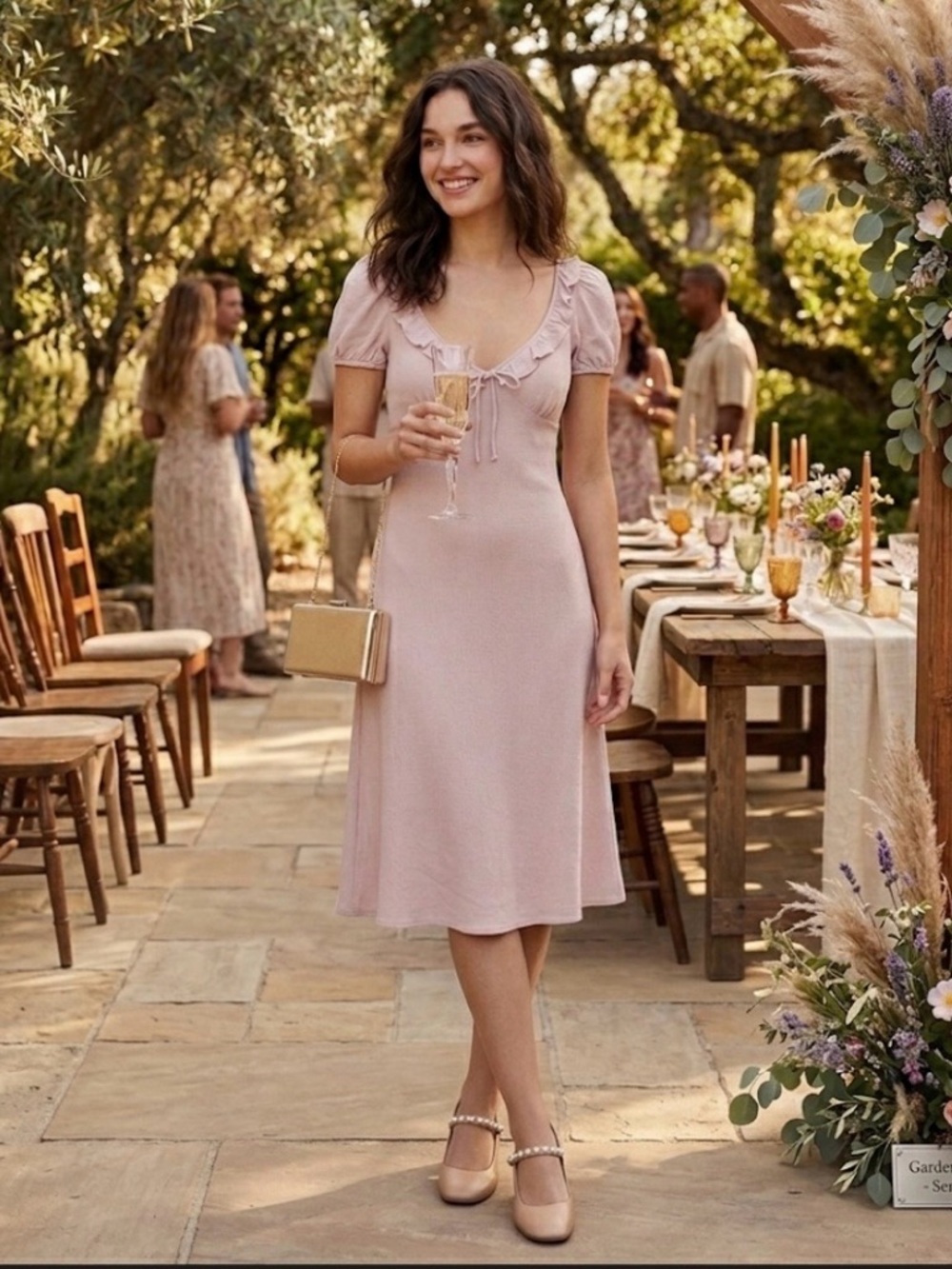 Aritzia Sunday Best Letti Midi Dress Pink Crepe Ruffle Puff Sleeve XL